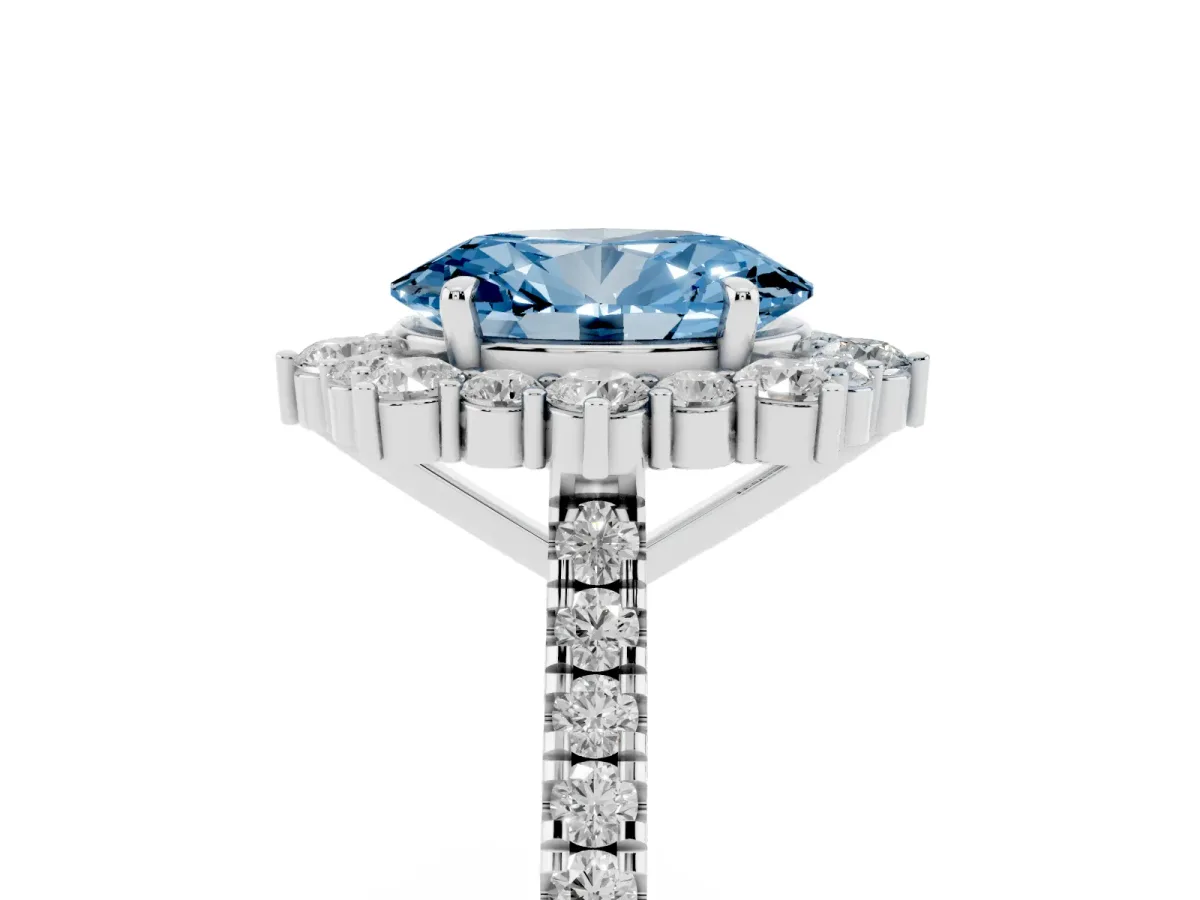 Fancy Blue Oval Cut Halo Diamond Ring with Pavé Band and Prong Setting Silver