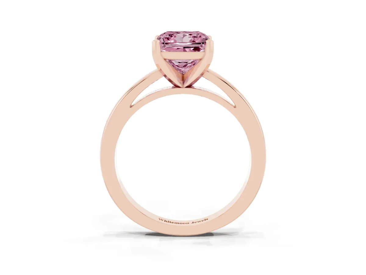 Fancy Pink Princess Cut Solitaire Diamond Engagement Ring with Four-Prong Setting on a Classic Band Rose gold