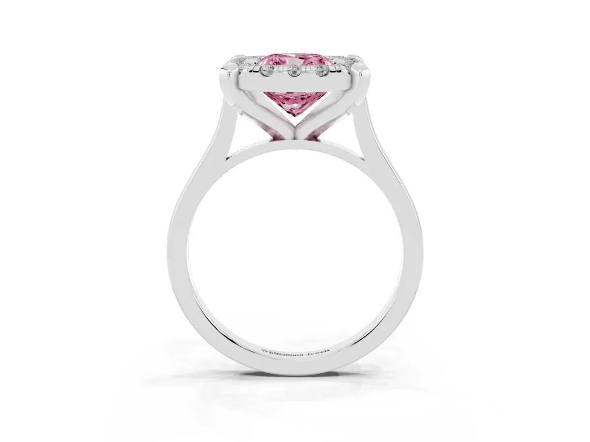 Fancy Pink Cushion Cut Diamond Cluster Halo Solitaire with Four-Prong Setting Silver