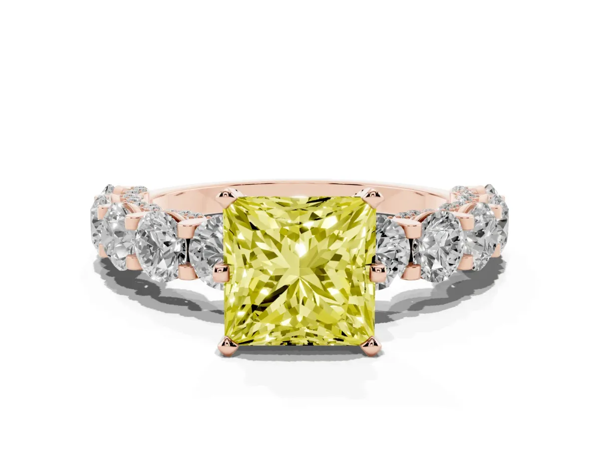 Fancy Yellow Princess Cut Diamond Side Stone Engagement Ring with Four-Prong Setting Rose gold