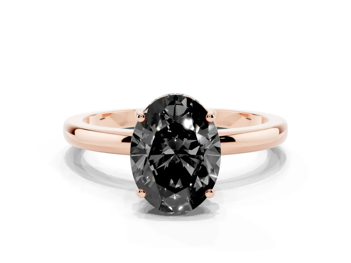 Fancy Black Oval Cut Solitaire Diamond Ring with Prong Setting and Plain Band Rose gold