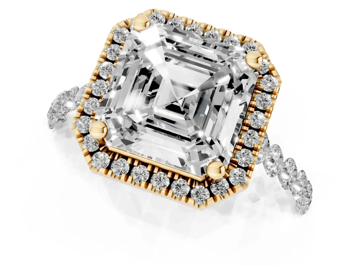 Asscher Cut Halo Pavé Diamond Engagement Ring with Four-Prong Setting Yellow gold