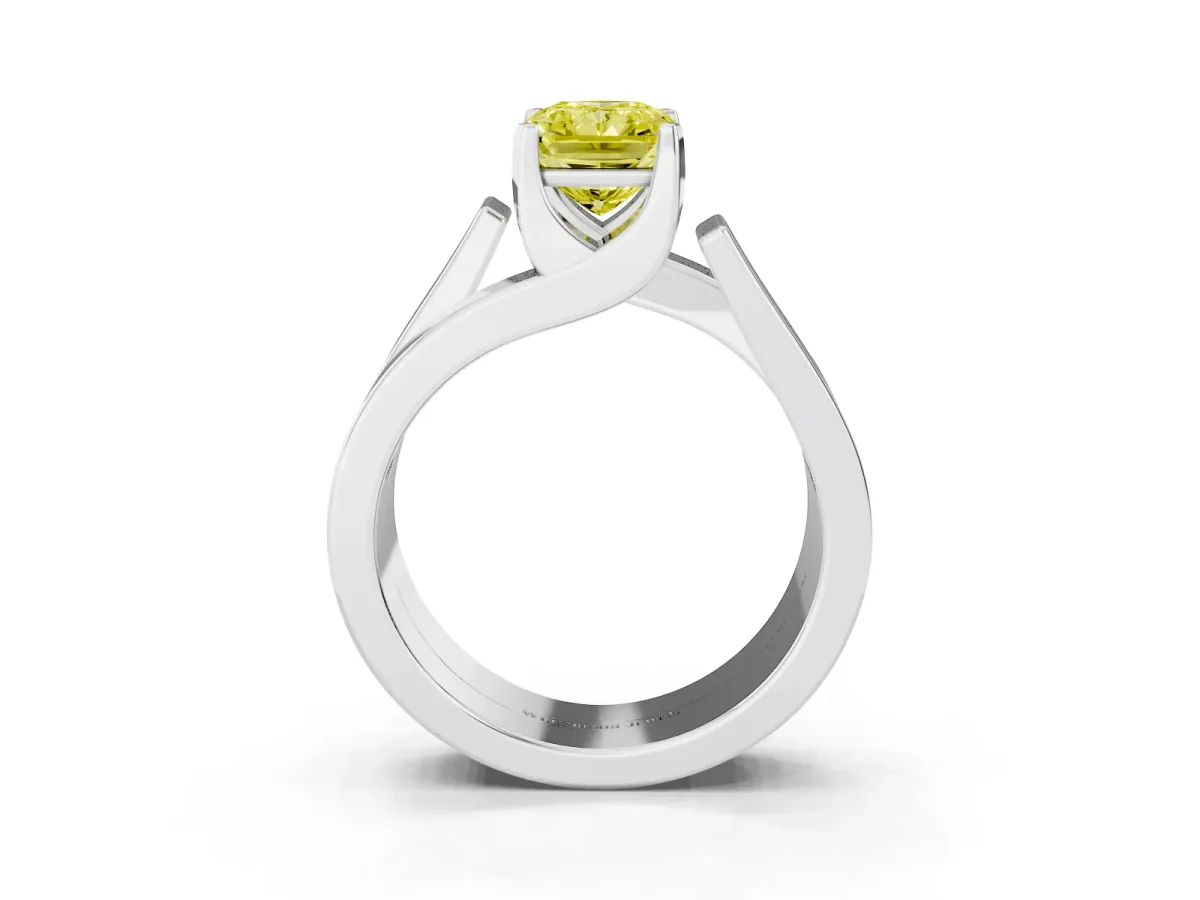 Fancy Yellow Modern Tension Set Radiant Cut Diamond Solitaire Wide Band Ring Silver