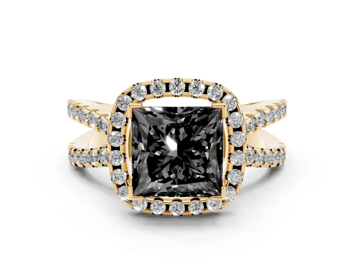 Fancy Black Princess Cut Diamond Halo Ring with Split Shank Pavé Band and Prong Setting Yellow gold