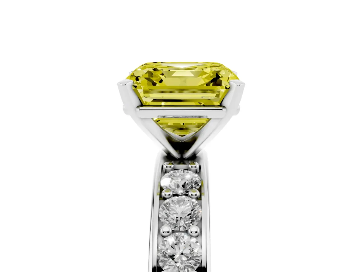 Fancy Yellow Asscher Cut Diamond Engagement Ring with Channel Set Round Band and Prong Setting White gold