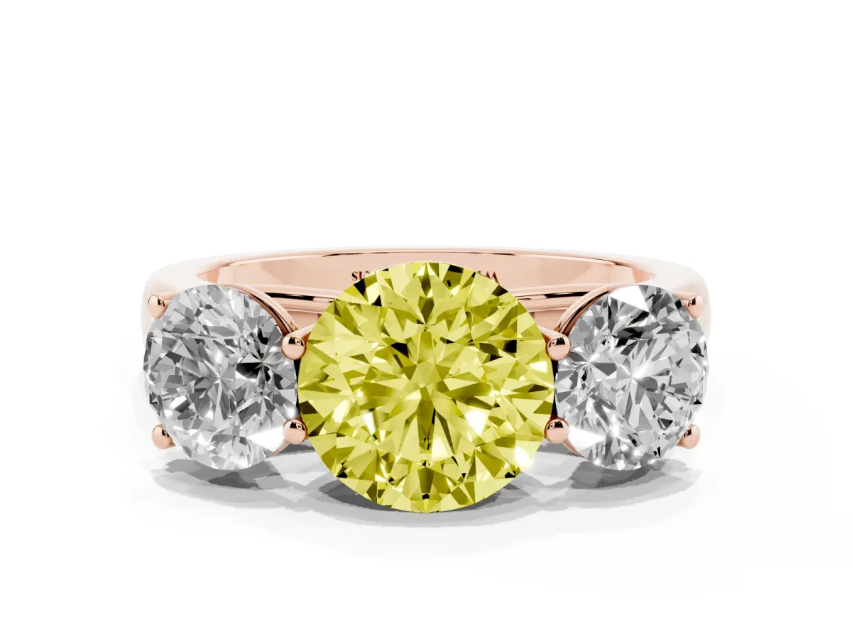 Fancy Yellow Round Cut Three-Stone Diamond Ring with Prong Setting on a Classic Band Rose gold