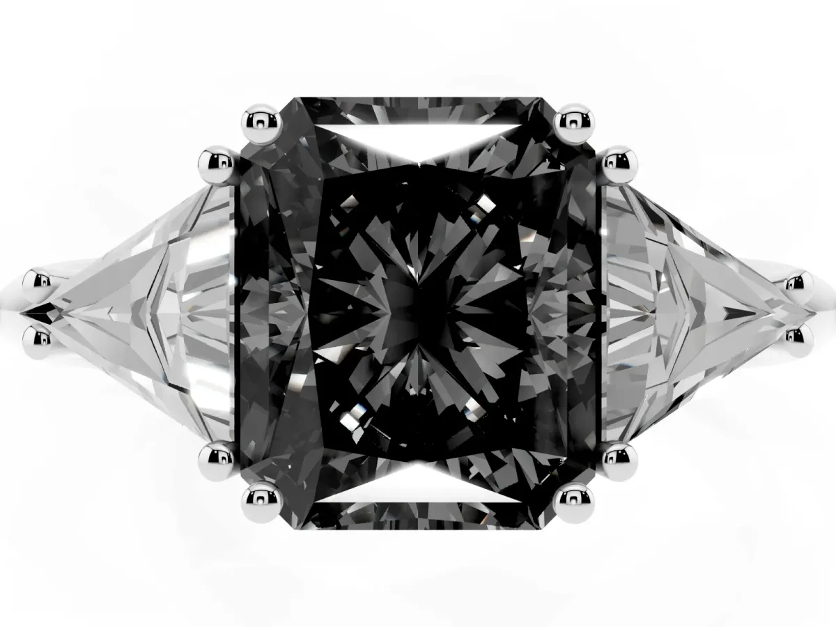 Fancy Black Three-Stone Radiant Cut Diamond Engagement Ring with Trillion Side Stones and Prong Setting Silver