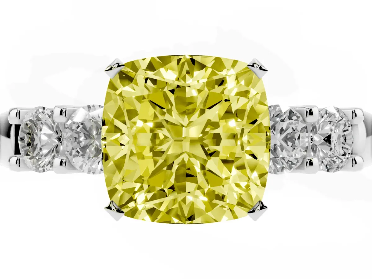 Fancy Yellow Cushion Cut Brilliant Cut Diamond Five-Stone Prong Set Engagement Ring with Channel Band Platinum