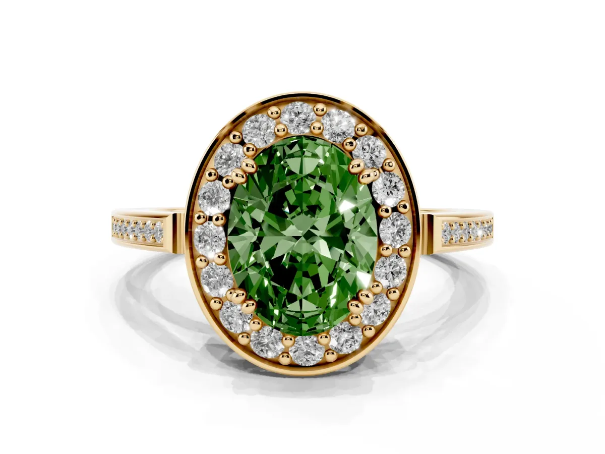 Fancy Green Oval Cut Diamond Halo Ring with Split Shank and Four-Prong Setting Yellow gold