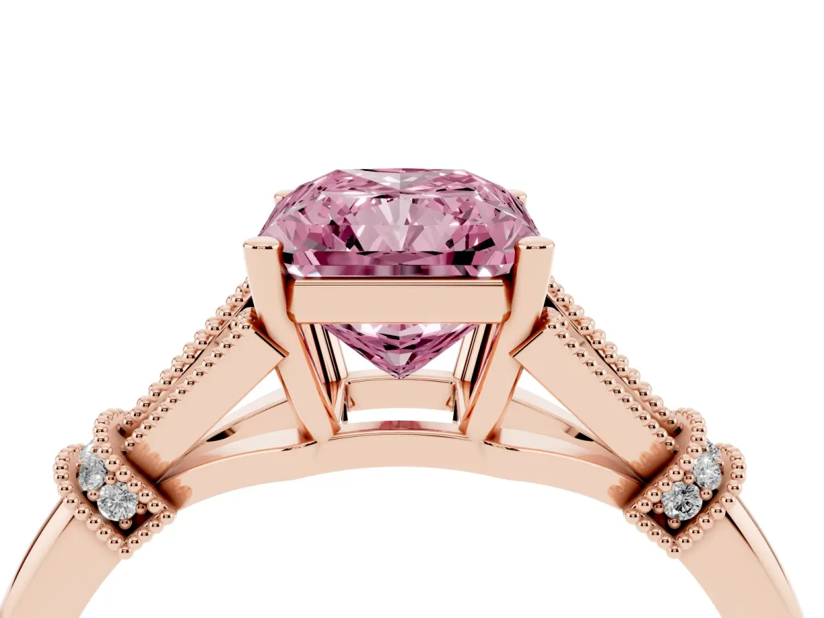 Fancy Pink Radiant Cut Diamond Solitaire Ring with Floral Filigree and Pave Accents Rose gold