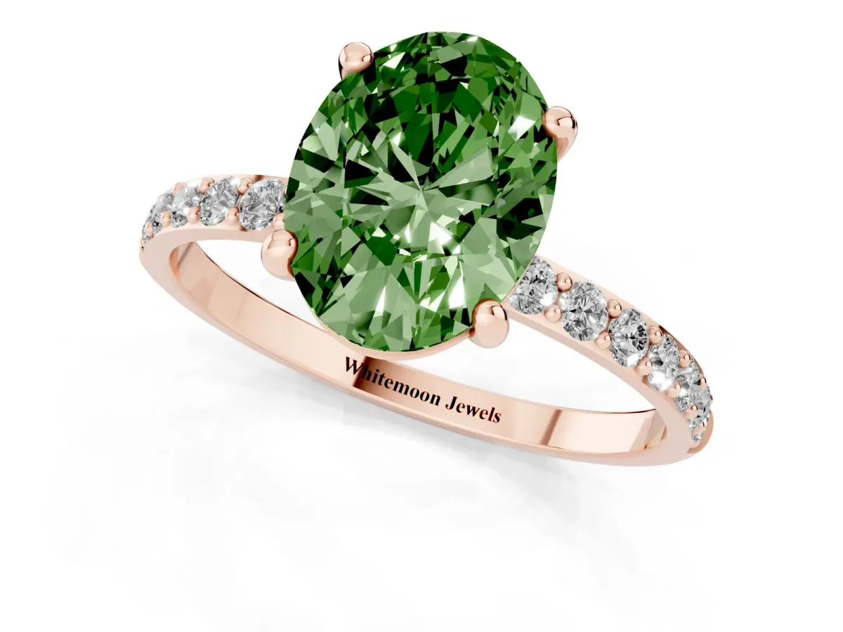 Fancy Green Oval Cut Diamond Solitaire Ring with Round Pavé Band and Prong Setting Rose gold