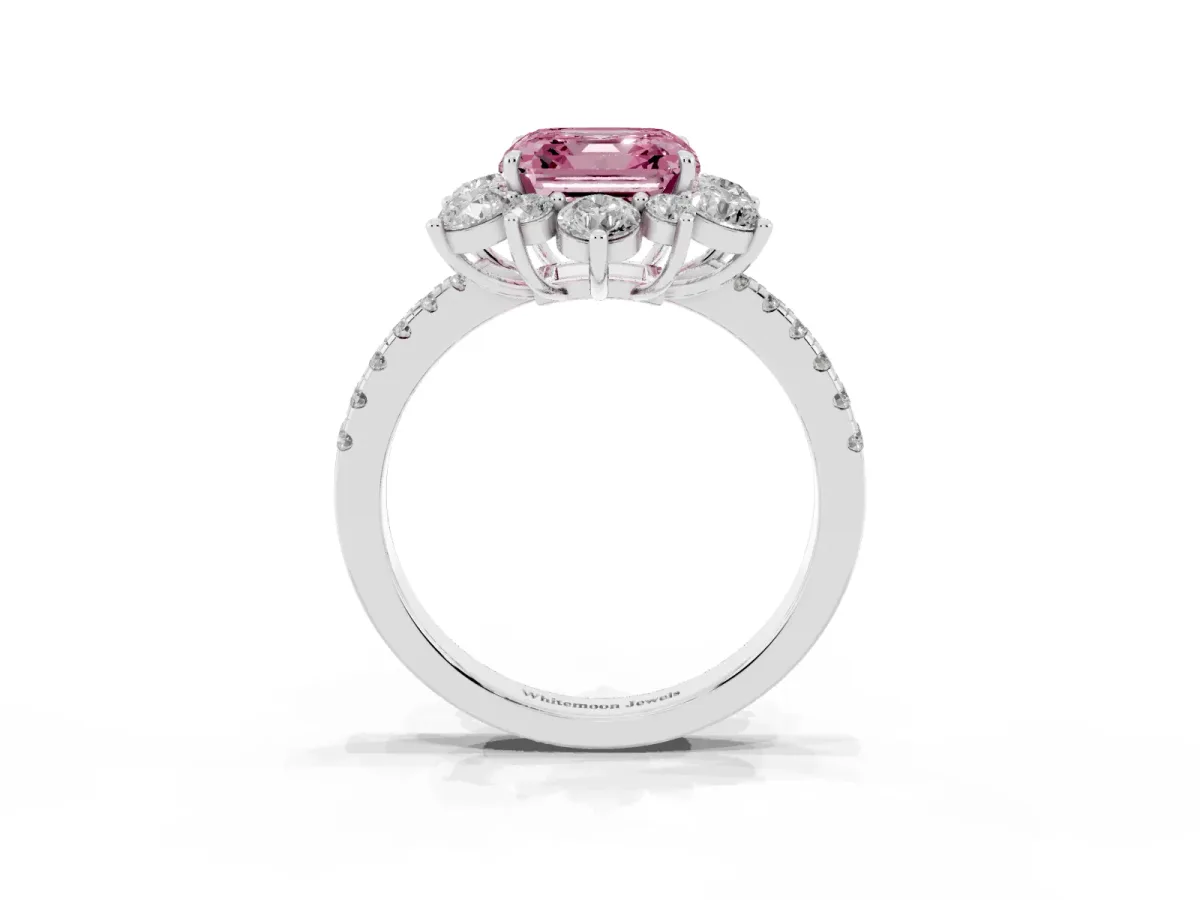Fancy Pink Asscher Cut Diamond Floral Halo Ring with Round Pavé Band and Prong Setting White gold