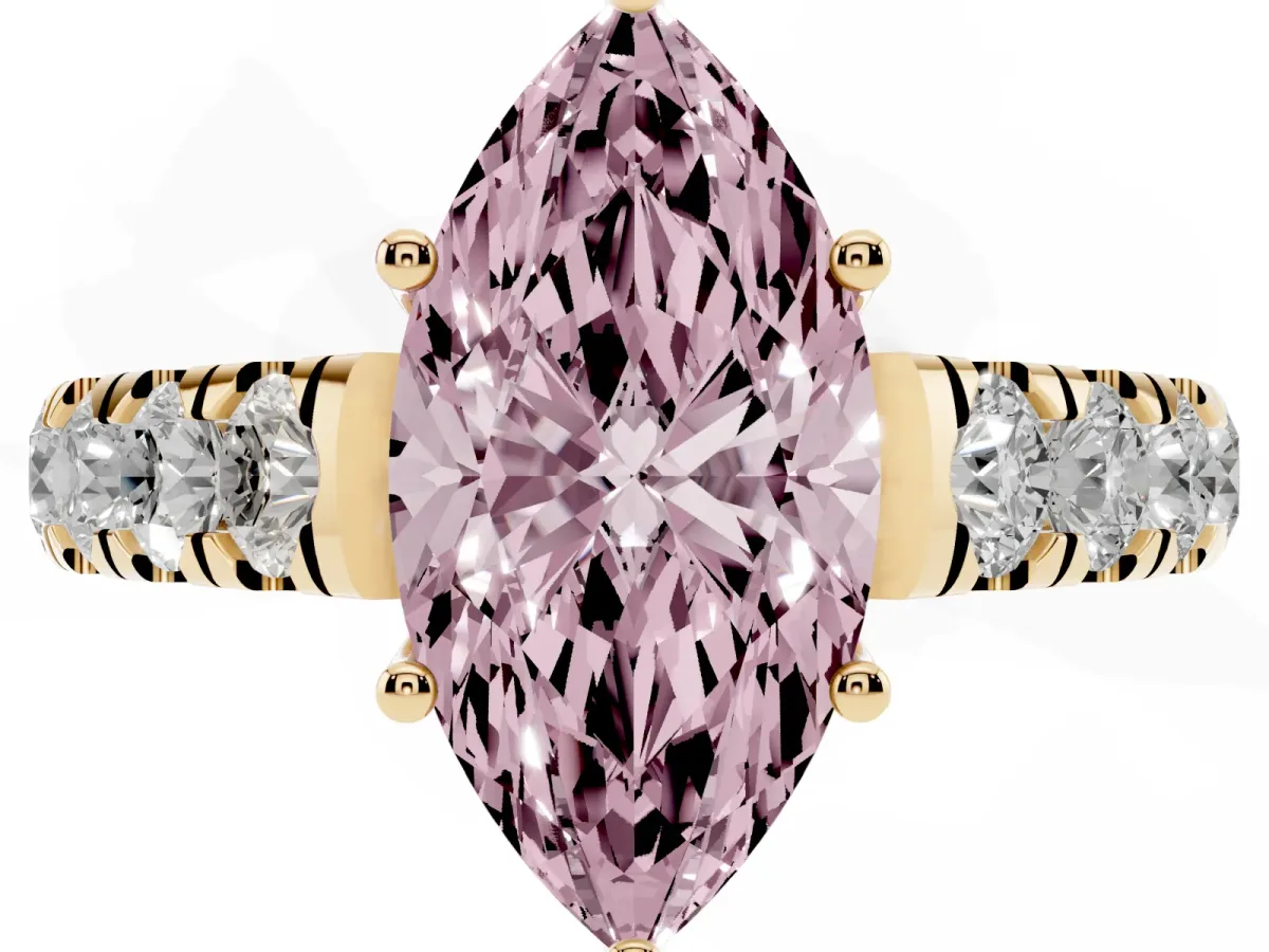 Fancy Pink Marquise Cut Cut Diamond Solitaire Ring with Micro Pave Band and Prong Setting Yellow gold