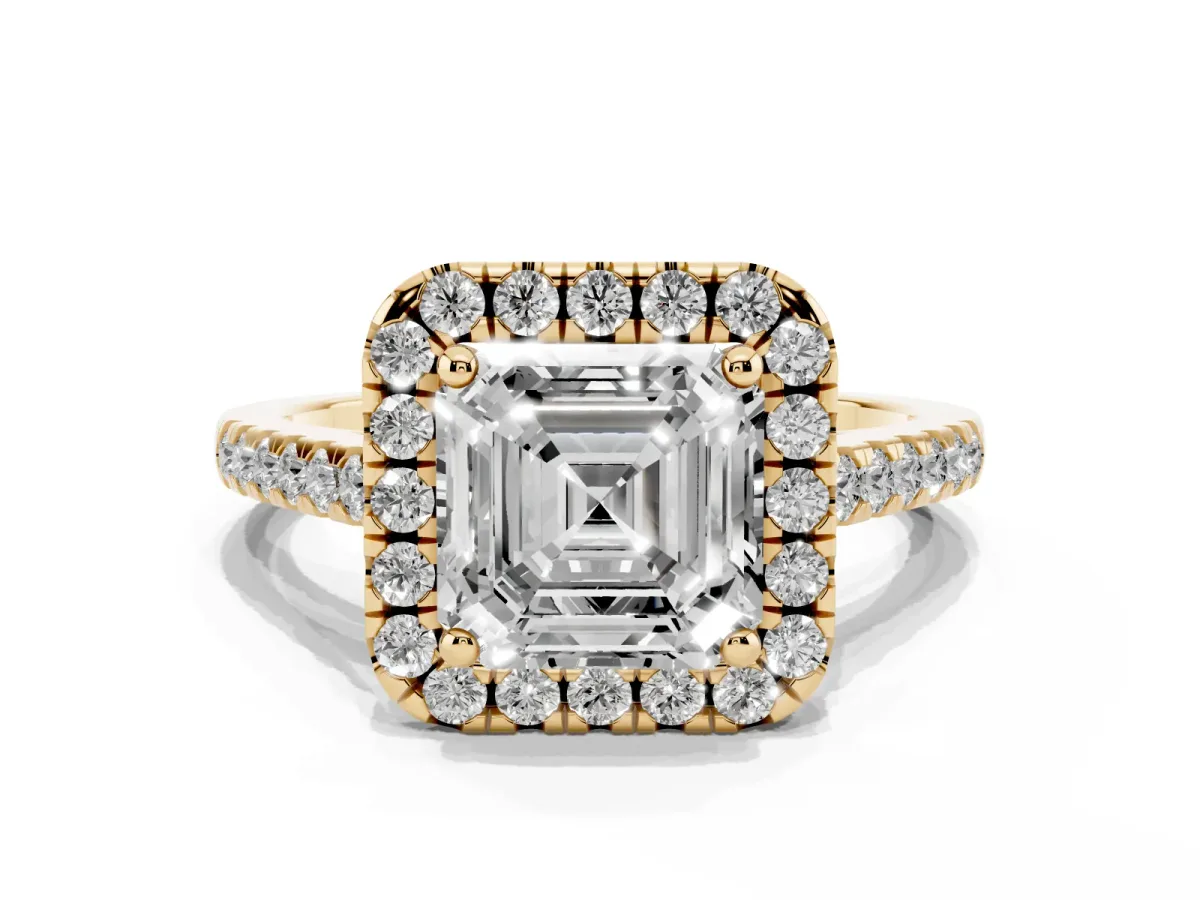 Asscher Cut Halo Pavé Diamond Engagement Ring with Four-Prong Setting Yellow gold