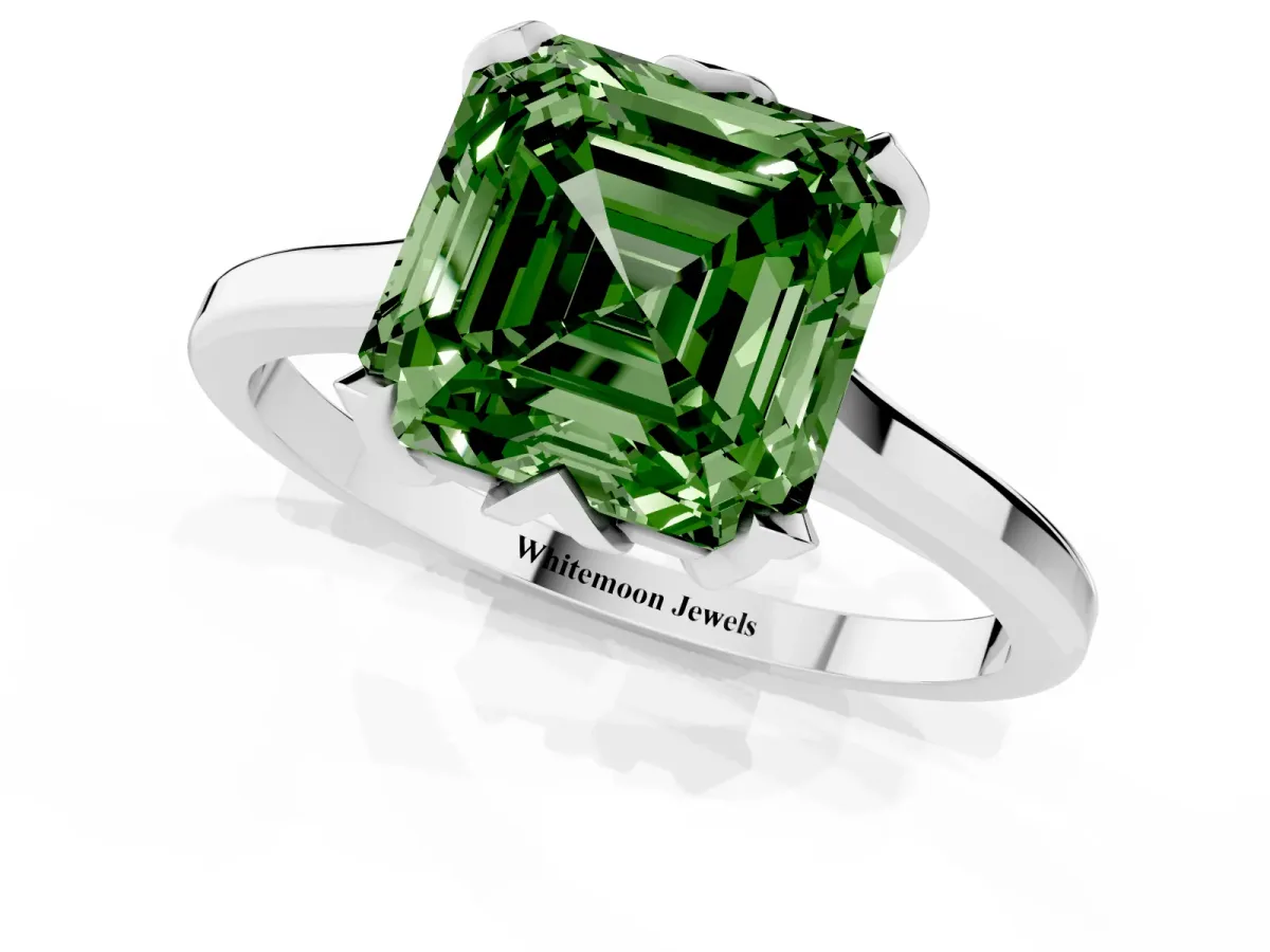 Fancy Green Asscher Cut Diamond Solitaire Ring with Flower Prong Setting and Classic Band Silver