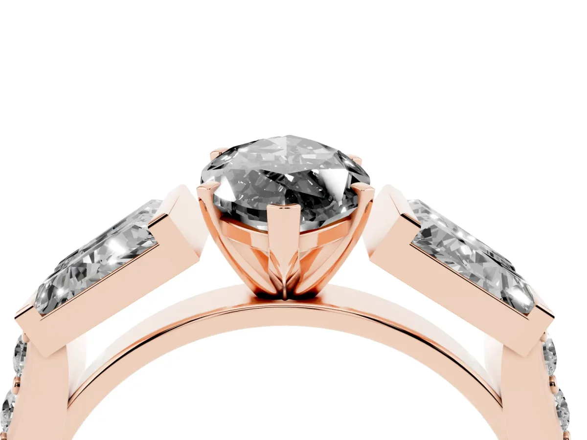 Fancy Black Marquise Cut Diamond Engagement Ring with Baguette Side Stones and Channel Set Band Rose gold