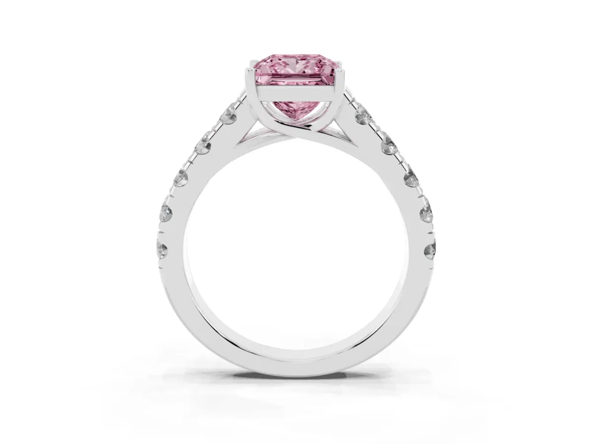 Fancy Pink Princess Cut Cut Diamond Solitaire Ring with Micro Pave Band and Prong Setting Silver