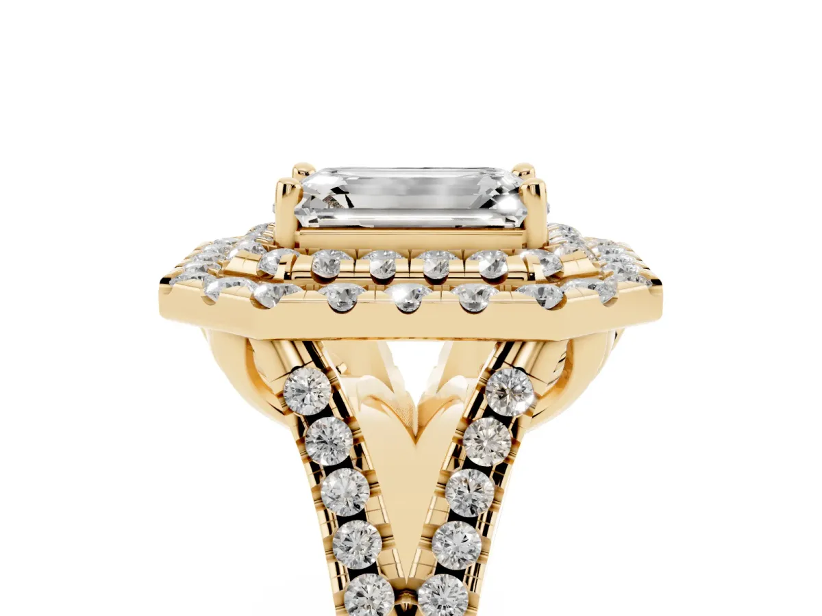 Double Halo Emerald Cut Diamond Pavé Split Shank Ring with Prong Setting Yellow gold