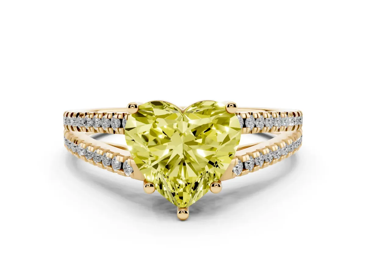 Fancy Yellow Heart Cut Diamond Solitaire Engagement Ring with Split Shank Pavé Band Yellow gold