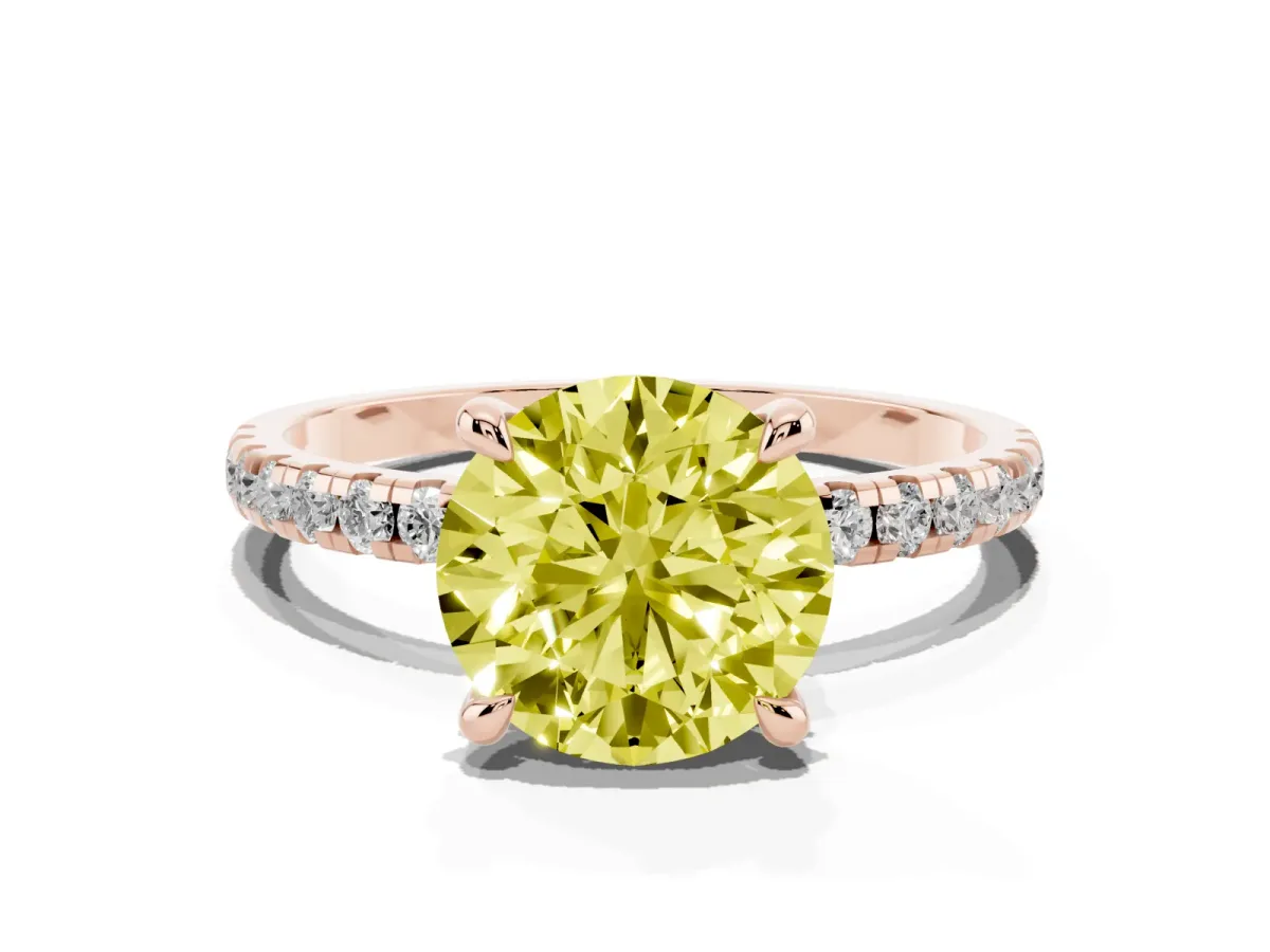 Fancy Yellow Round Cut Diamond Brilliant Solitaire Ring with Pavé Band and Four-Prong Setting Rose gold