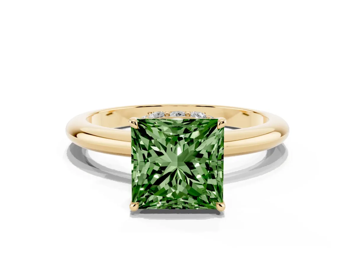 Fancy Green Princess Cut Brilliant Solitaire Engagement Ring with Six-Prong Setting and Classic Band Yellow gold
