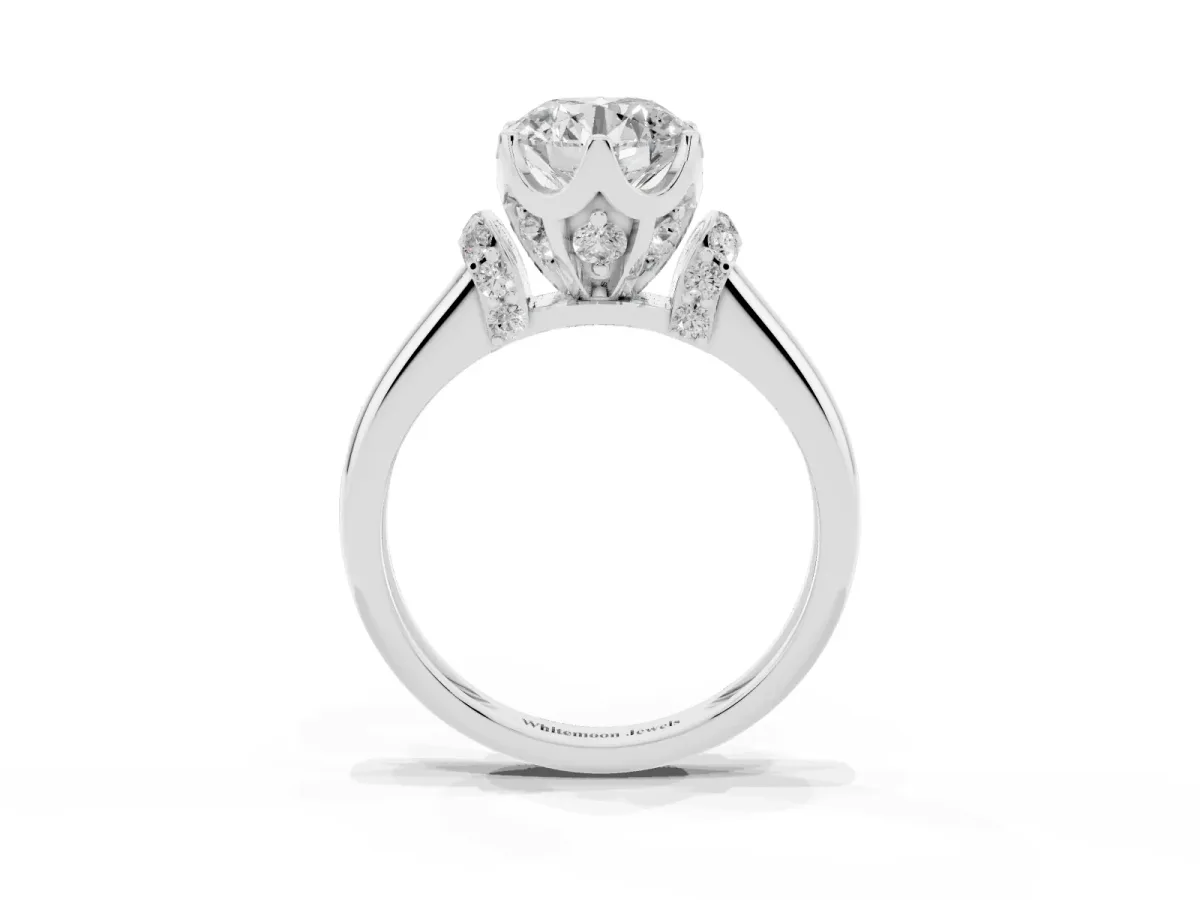 Round Cut Brilliant Solitaire Cathedral Engagement Ring with Pave Accents Silver