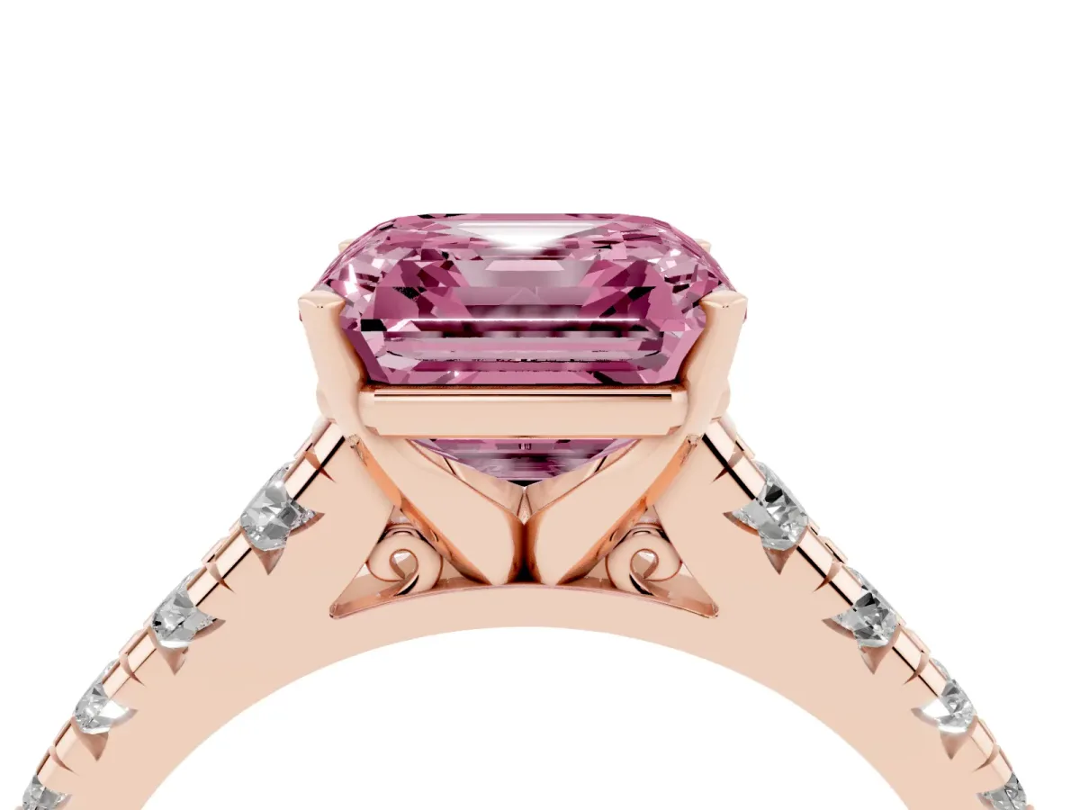 Fancy Pink Asscher Cut Diamond Cathedral Solitaire Ring with Round Pavé Band Rose gold