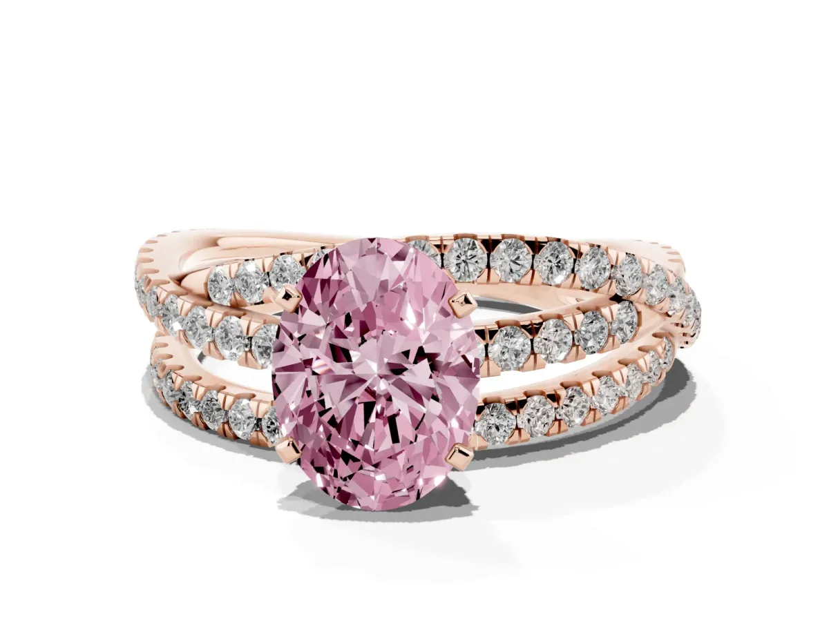 Fancy Pink Oval Cut Solitaire Twist Band with Pavé Setting and Four-Prong Setting Rose gold