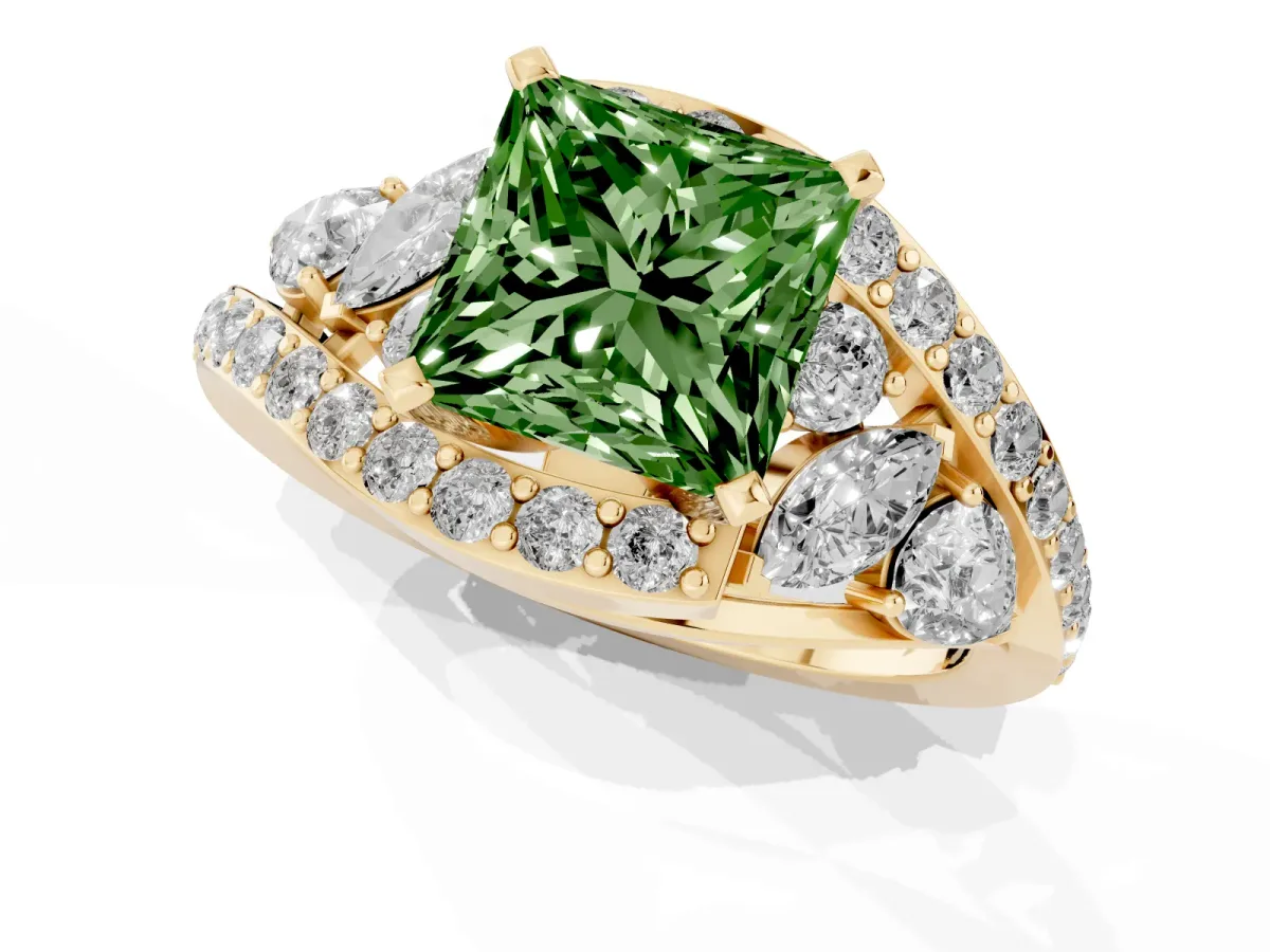 Fancy Green Princess Cut Diamond Halo Ring with Marquise and Pavé Band in Prong Setting Yellow gold