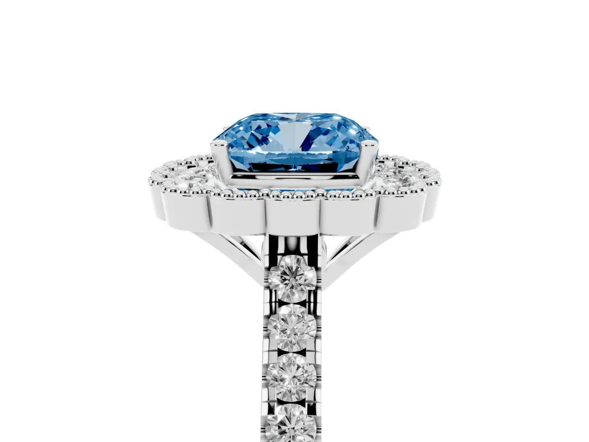 Fancy Blue Cushion Cut Cut Diamond Milgrain Floral Halo Engagement Ring with Pavé Band Platinum