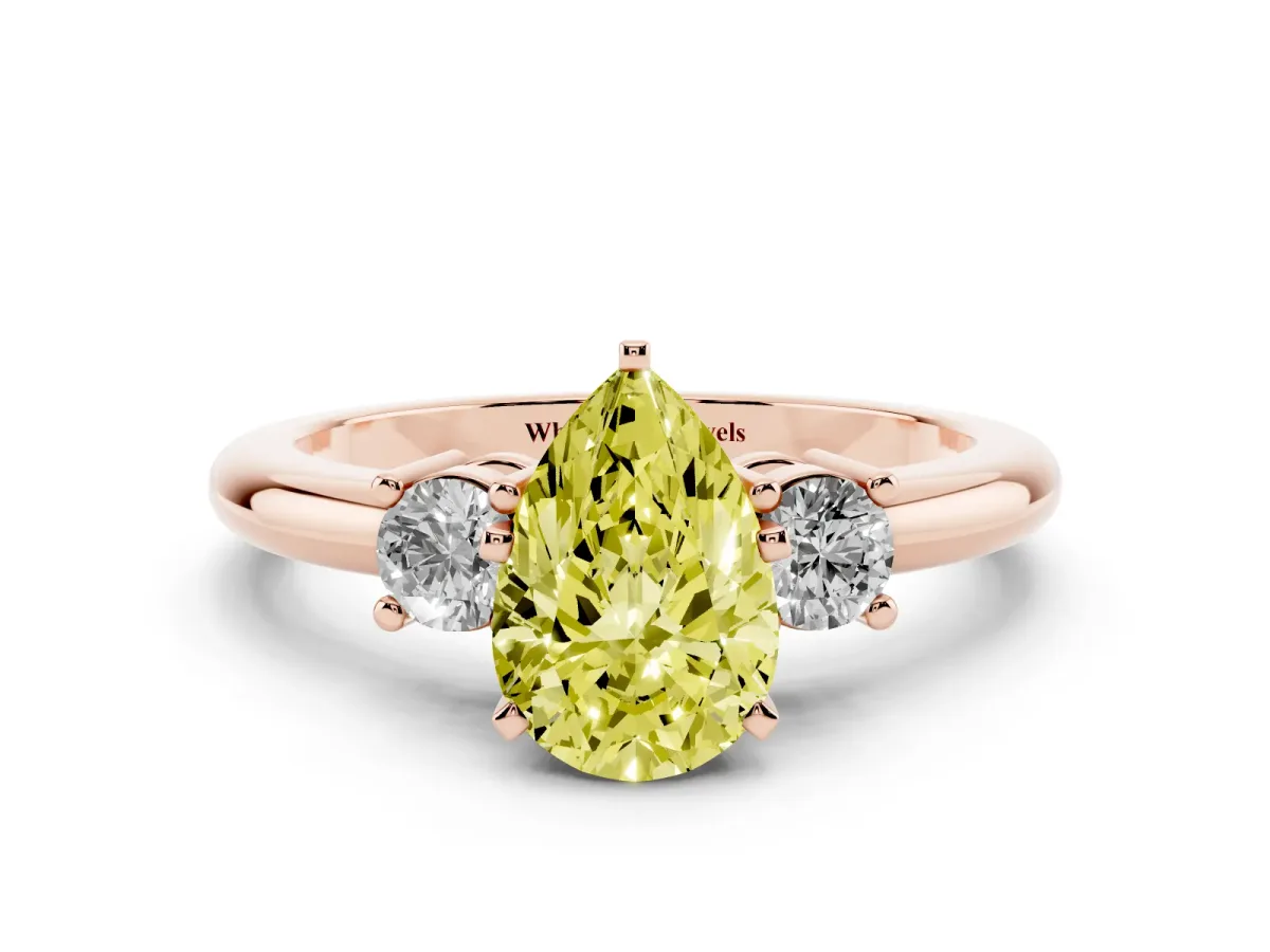 Fancy Yellow Three-Stone Pear Cut Cut Diamond Solitaire with Prong Setting and Classic Band Rose gold
