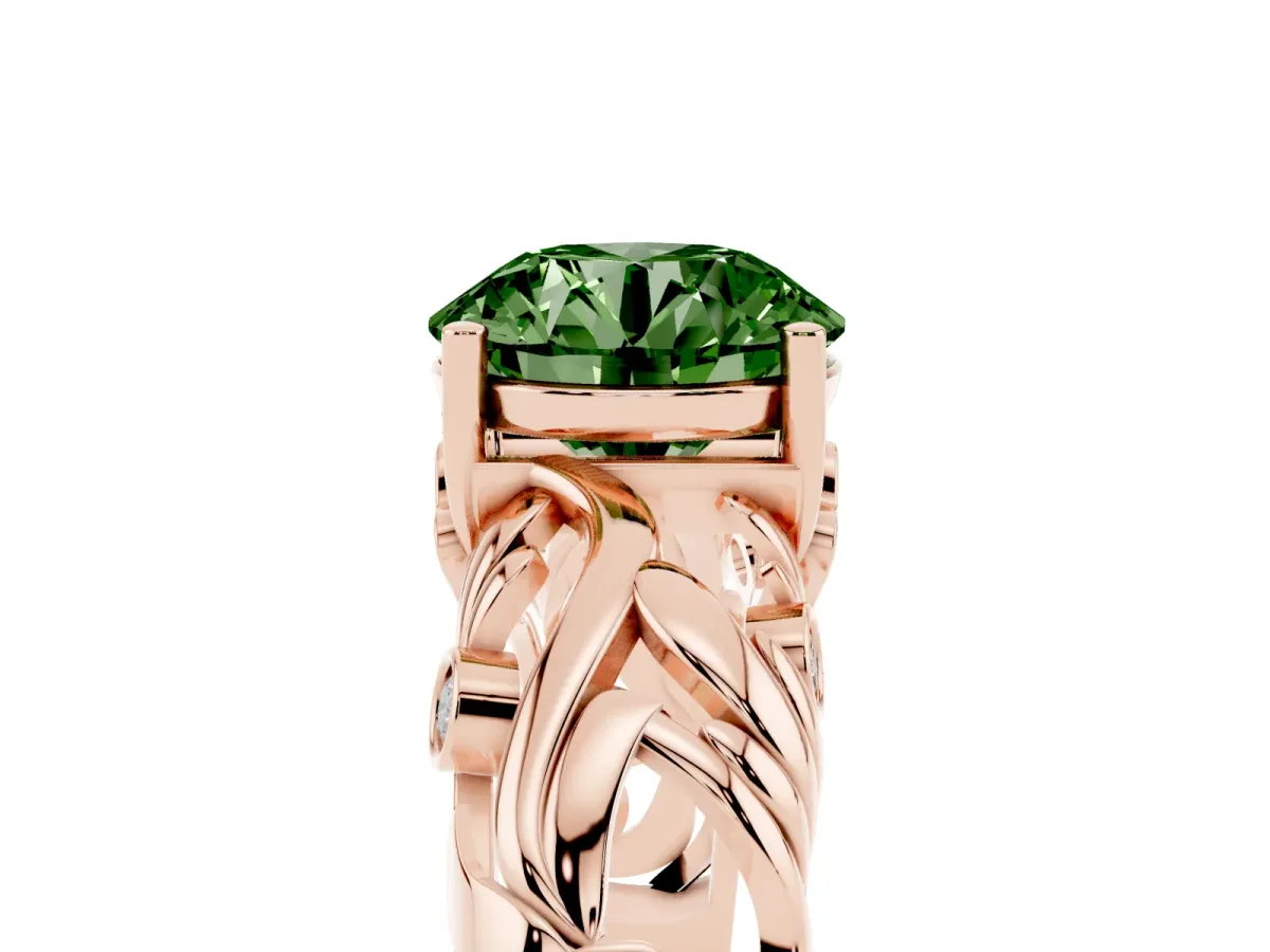 Fancy Green Round Cut Solitaire Diamond Leaf-Inspired Vine Band Ring with Prong Setting Rose gold
