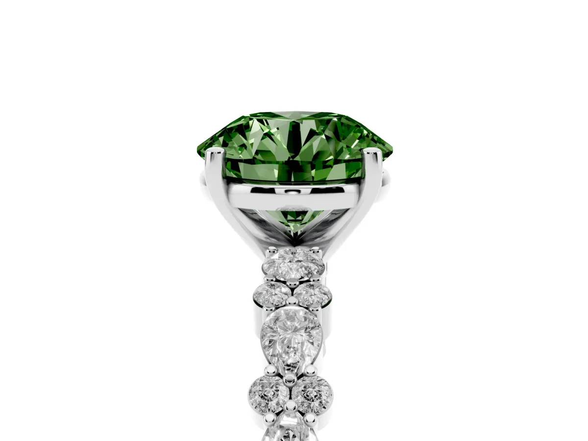 Fancy Green Round Cut Diamond Side Stone Solitaire Ring with Round and Four-Prong Setting Silver