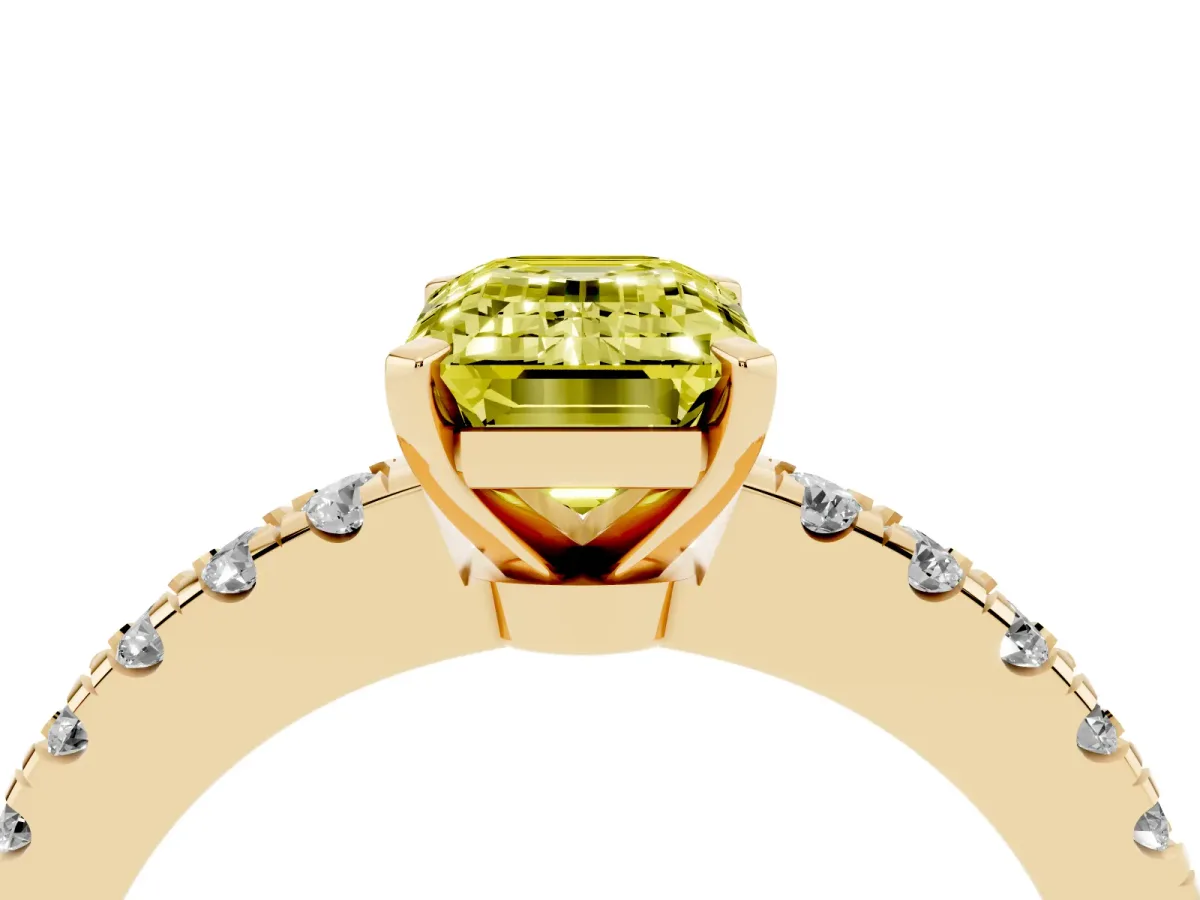 Fancy Yellow Emerald Cut Solitaire Diamond with Pavé Band and Four-Prong Setting Yellow gold