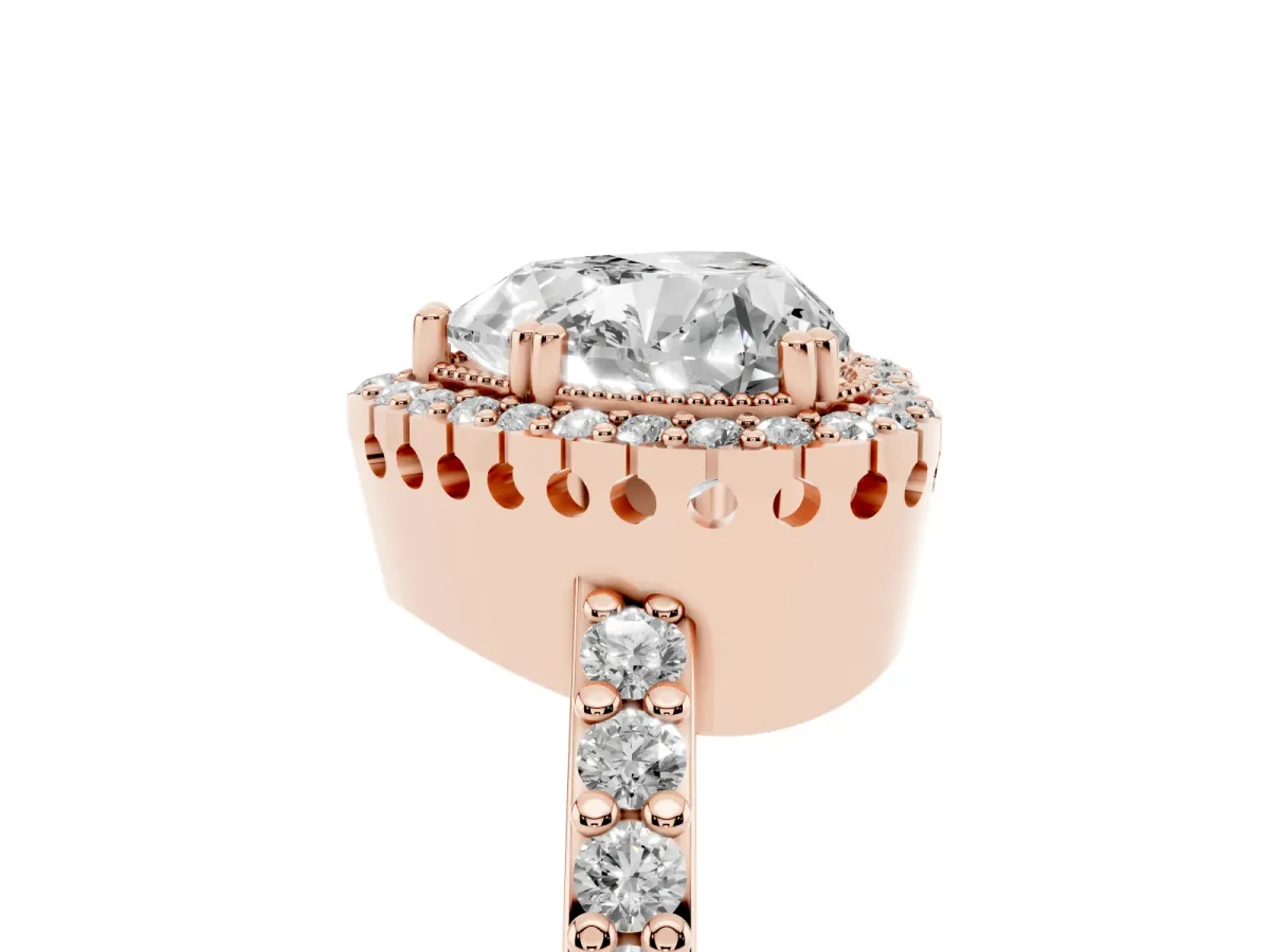 Heart Cut Cut Diamond Halo Engagement Ring with Milgrain Detail and Pavé Band Rose gold