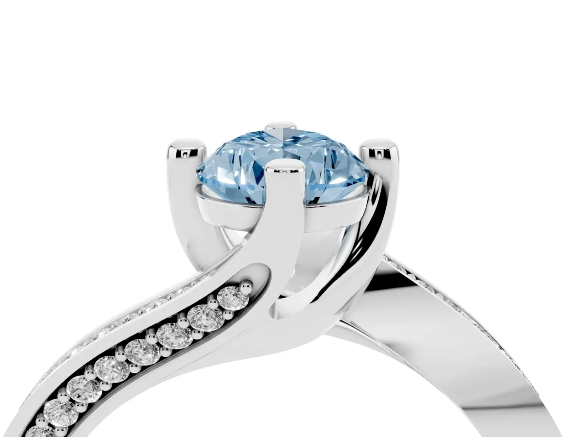 Fancy Blue Pear Cut Solitaire Diamond Twist Band with Pavé Setting and Four-Prong Setting Silver