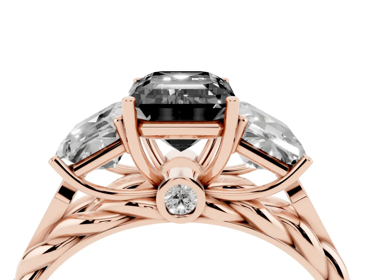 Fancy Black Three-Stone Emerald Cut Diamond Braided Band Ring with Four-Prong Setting Rose gold