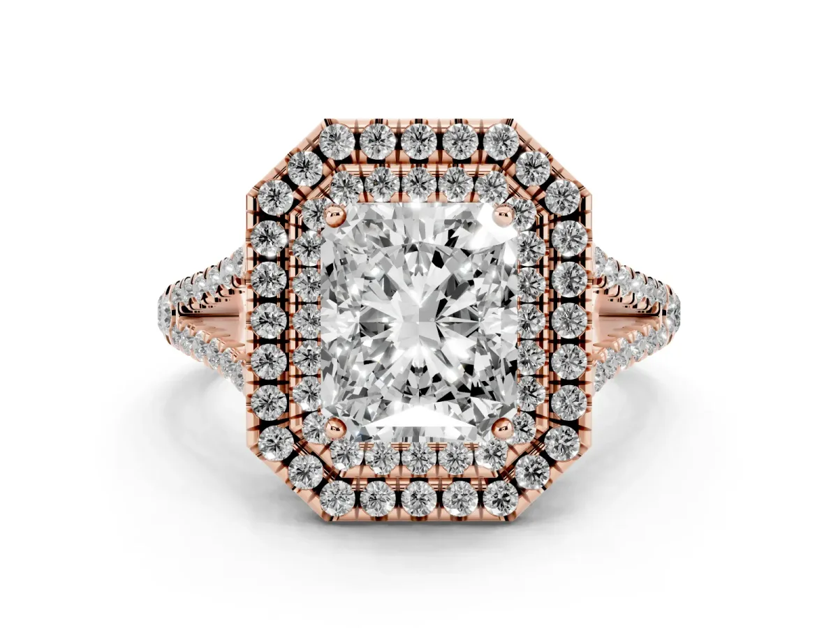 Radiant Cut Diamond Double Halo Ring with Pavé Band and Prong Setting Rose gold