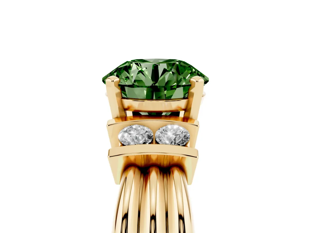 Fancy Green Round Cut Cut Three-Stone Channel Set Ring with Bar Prongs Yellow gold