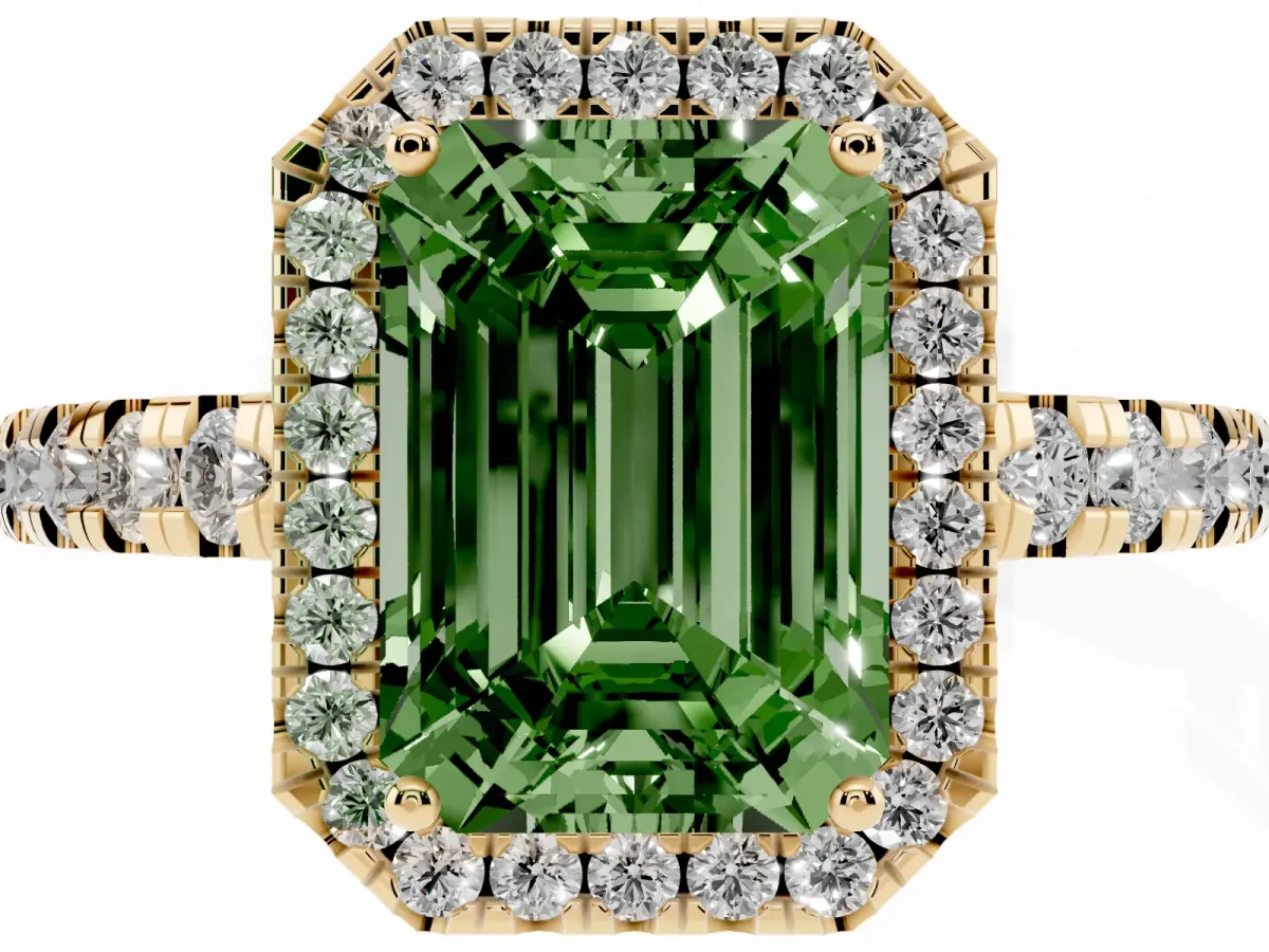 Fancy Green Emerald Cut Diamond Halo Ring with Pavé Band and Four-Prong Setting Yellow gold