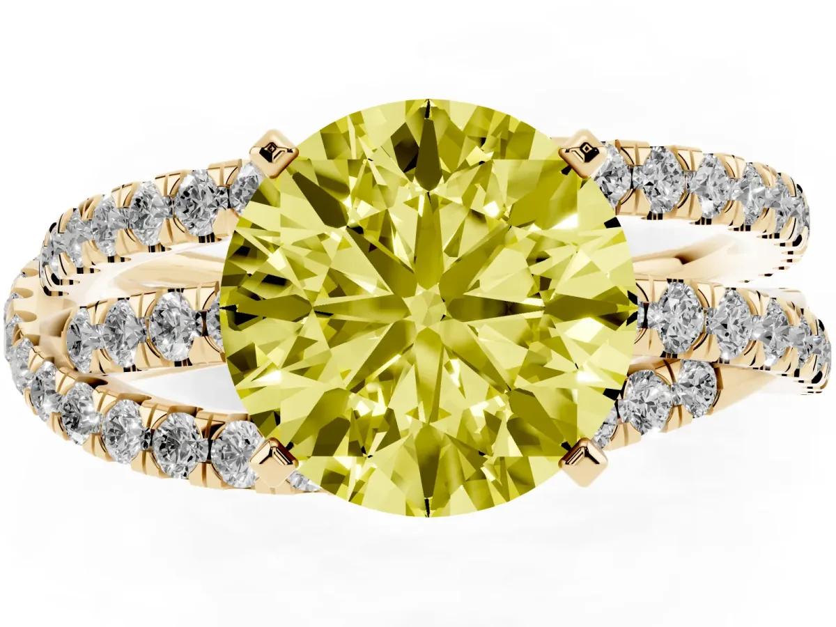 Fancy Yellow Round Cut Solitaire Twist Band with Pavé Setting and Four-Prong Setting Yellow gold