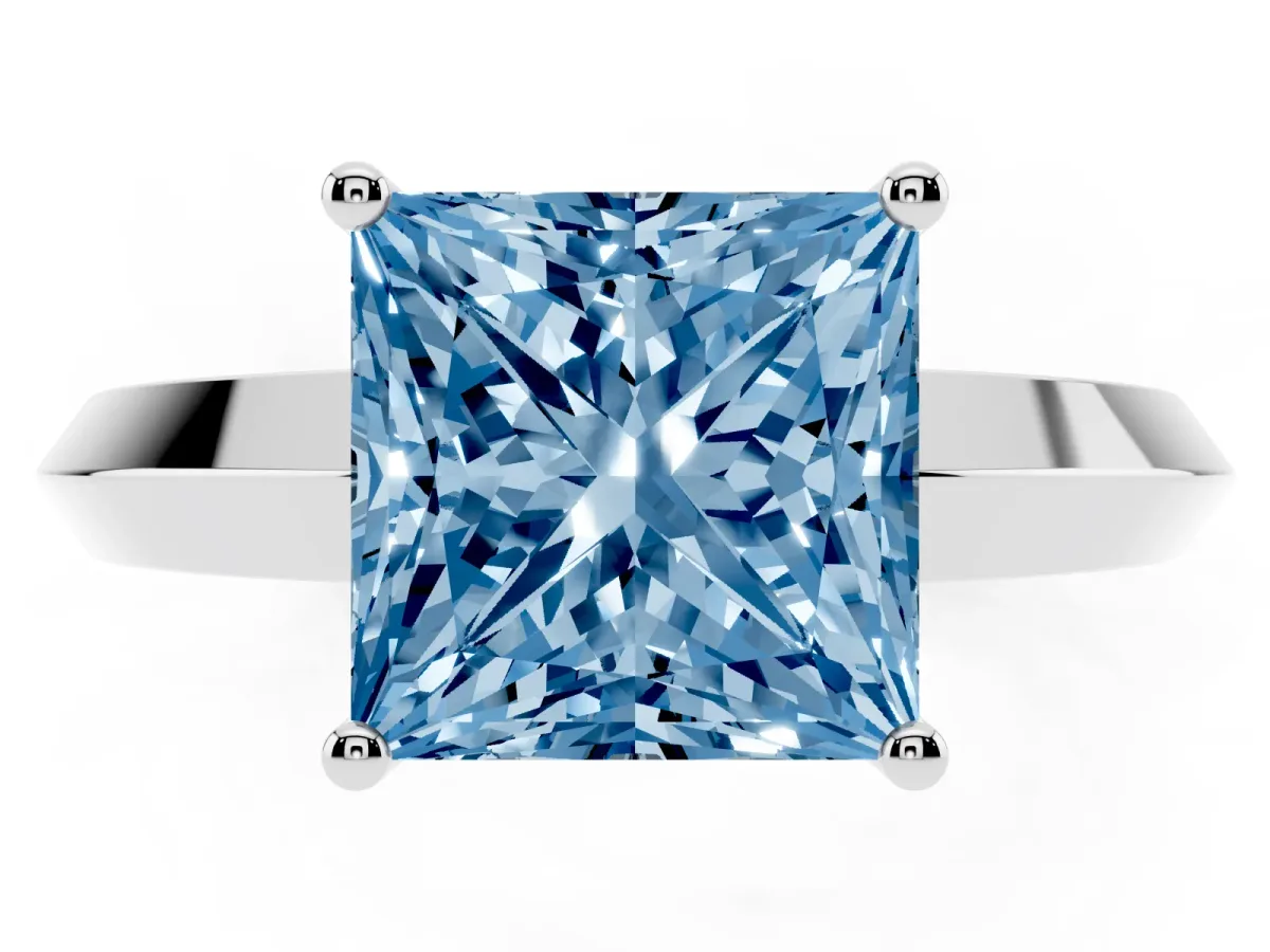 Fancy Blue Princess Cut Cut Solitaire Engagement Ring with Flat Band and Four-Prong Setting Silver