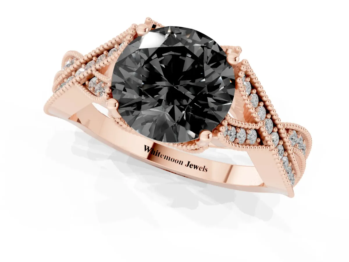 Fancy Black Round Cut Cut Diamond Twisted Band with Milgrain Pave Setting and Four-Prong Setting Rose gold