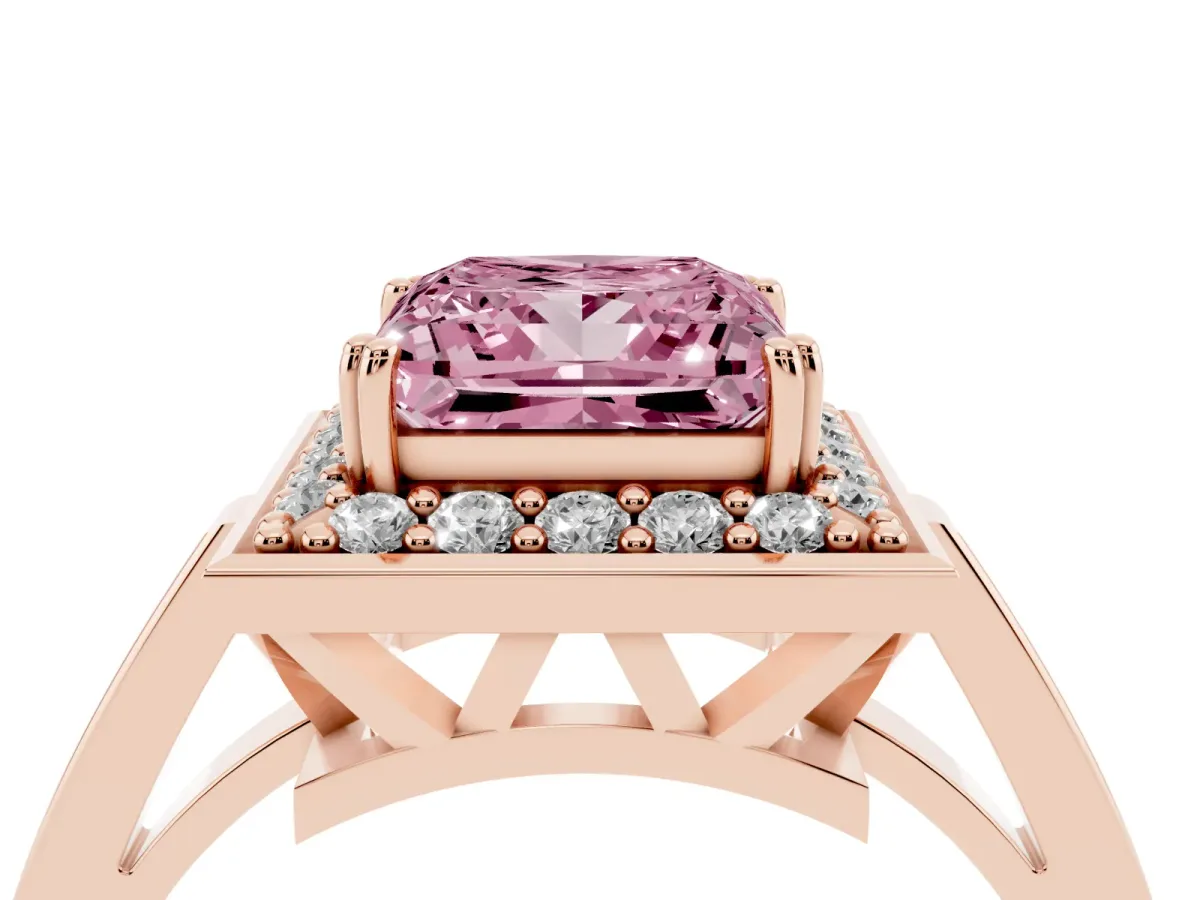 Fancy Pink Princess Cut Diamond Halo Ring with Split Shank and Four-Prong Setting Rose gold