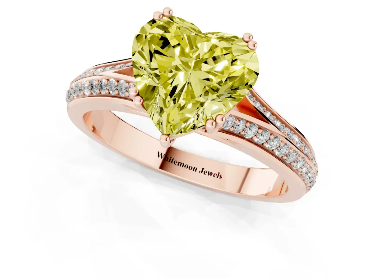 Fancy Yellow Heart Cut Diamond Split Shank Engagement Ring with Pavé Band Rose gold