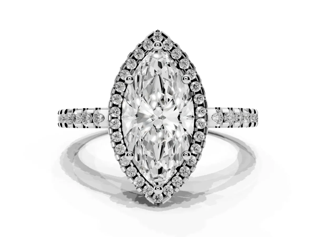Marquise Cut Diamond Halo Engagement Ring with Pavé Band and Prong Setting Silver