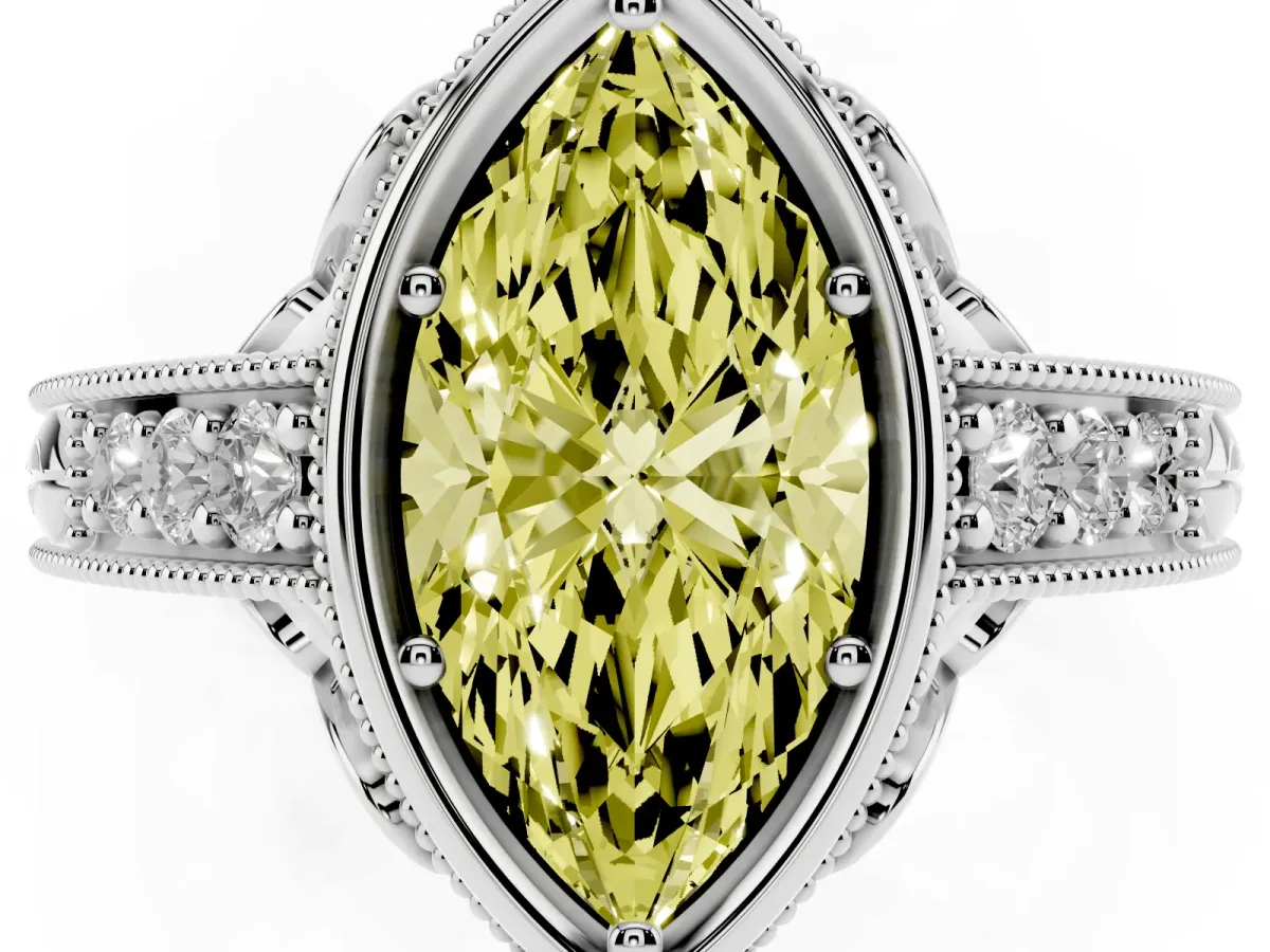 Fancy Yellow Bezel Set Marquise Cut Diamond Milgrain Pave Engagement Ring Silver