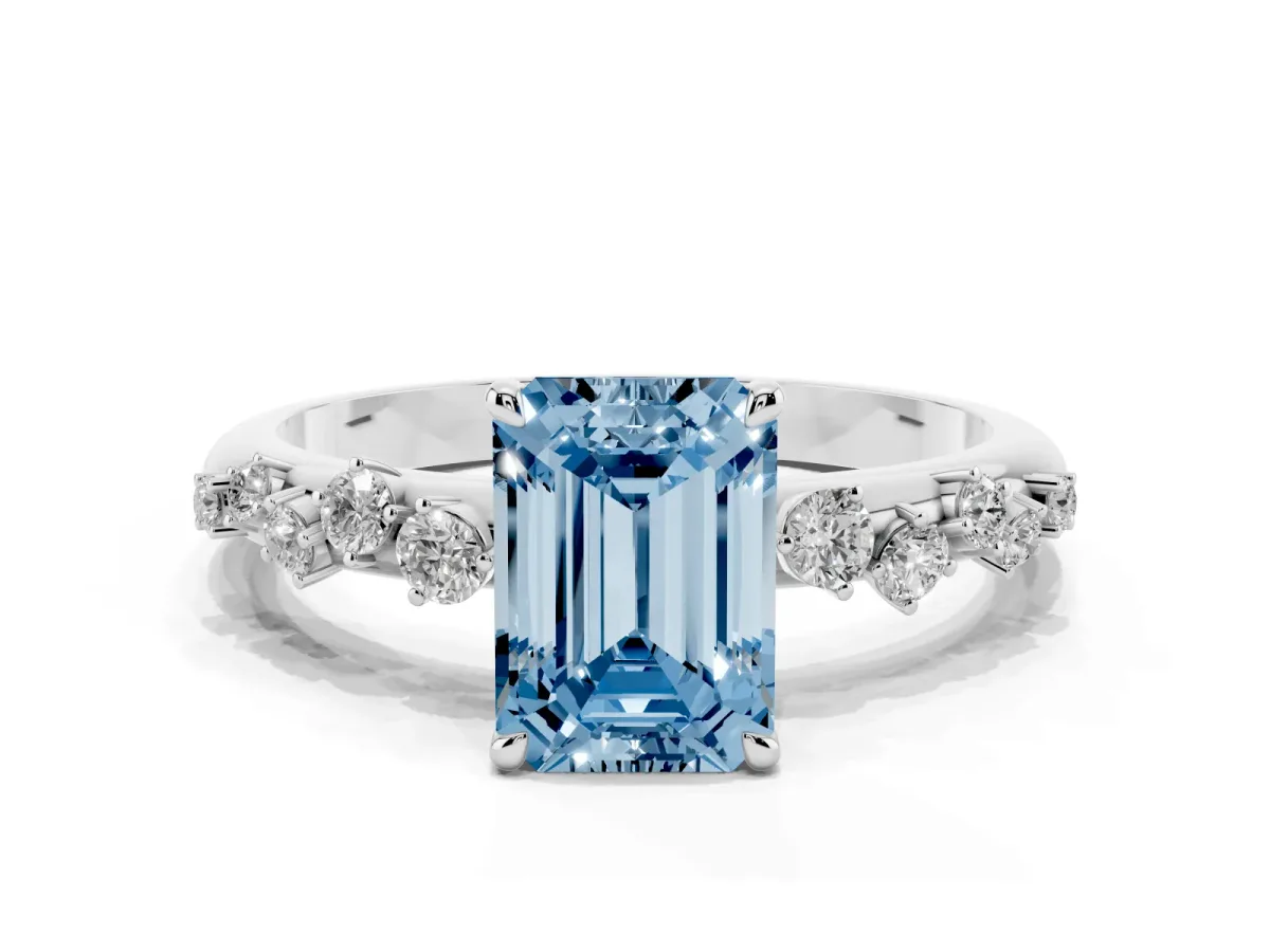 Fancy Blue Emerald Cut Diamond Cluster Prong-Set Solitaire Ring White gold