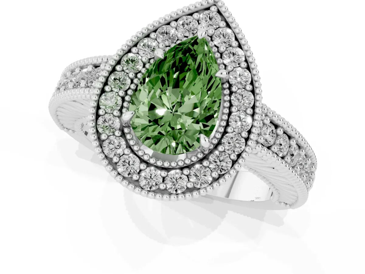 Fancy Green Pear Cut Cut Halo Diamond Ring with Pavé Band and Four-Prong Setting Platinum