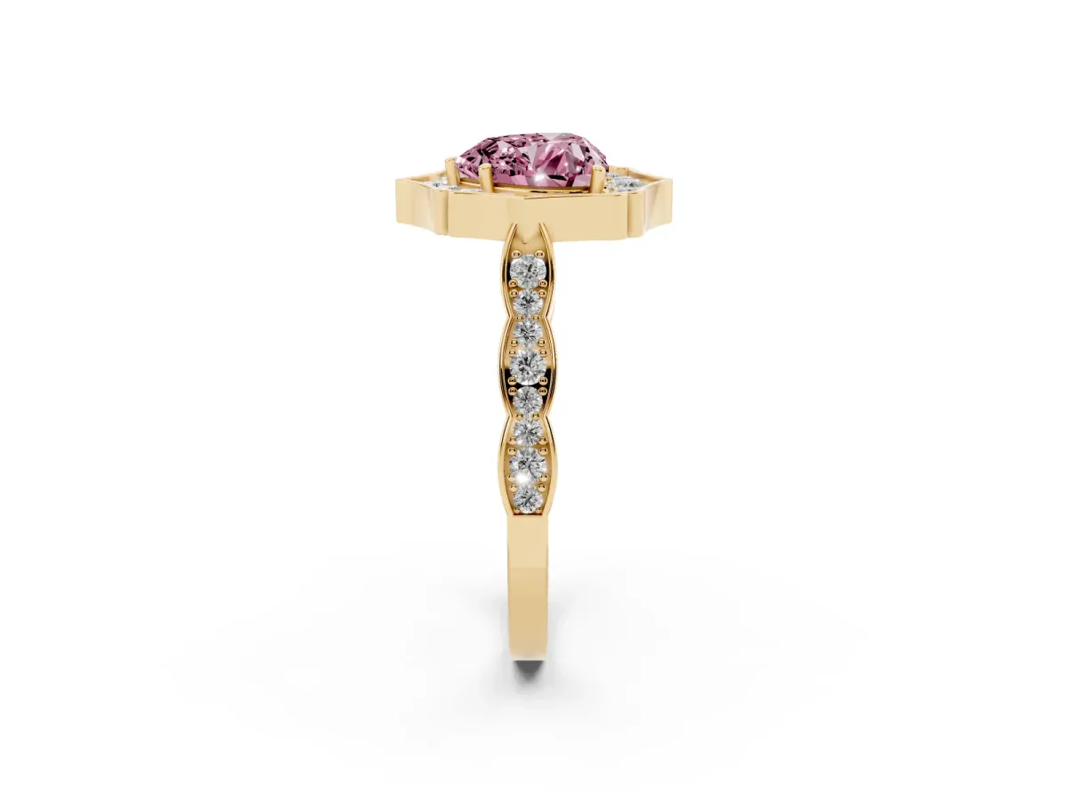 Fancy Pink Heart Cut Halo Diamond Engagement Ring with Milgrain Band and Four-Prong Setting Yellow gold